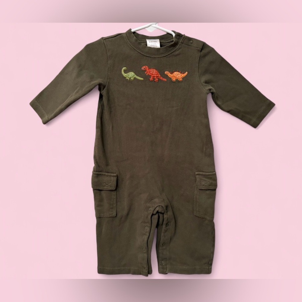 Gymboree Olive Green Embroidered One-Piece Dinosaur Romper Size 6-12 months